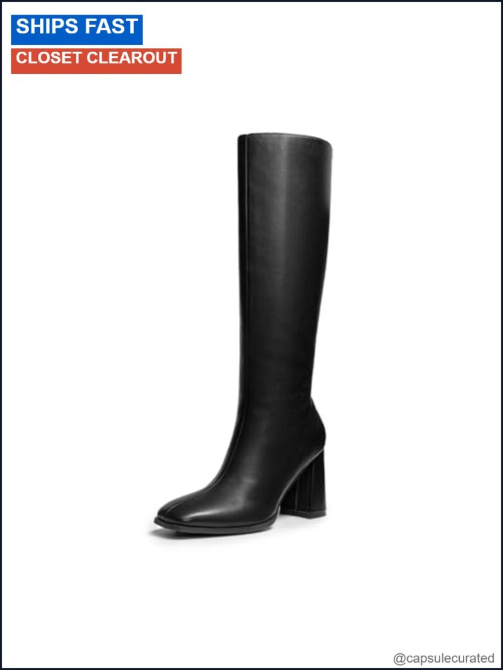 Women's Knee High Square Toe Heel Boots Faux Leather Side Zip